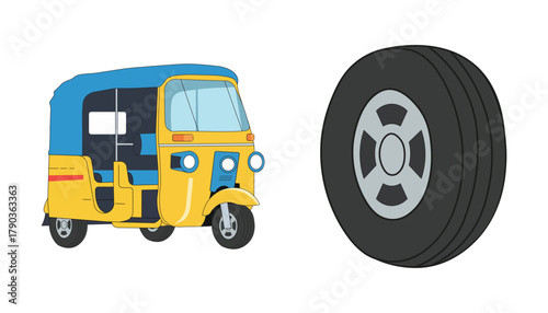 Yellow auto rickshaw and spare tire on white background