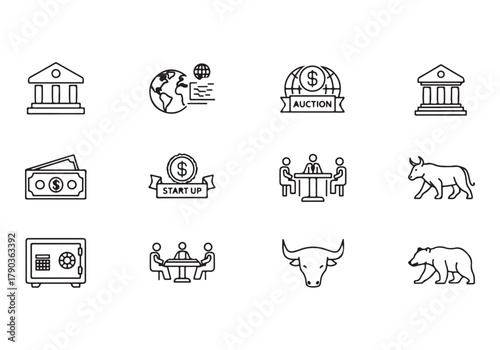 Bank and finance icon set, Business and corporation vector signs, global market, crowd funding, start up, Vector stock thin line design