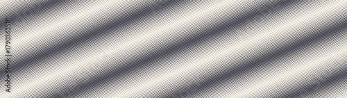 Pop art dots halftone pattern inclined diagonal striped structure ultra wide 32:9 aspect ratio retro styled vector abstract background. Wavy dotted half tone texture panoramic format graphic backdrop