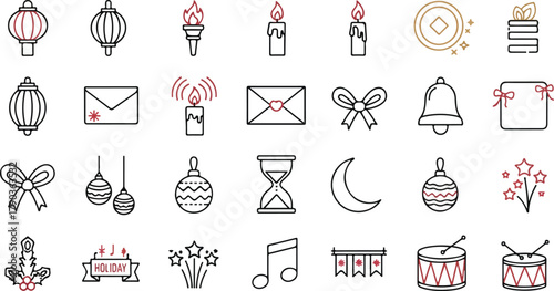 Festive Celebration Icons Collection for Holiday Events and Winter Season Greetings with Traditional Symbols and Decorative Elements in Simple Outline Style