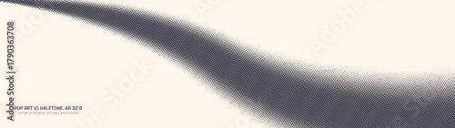 Pop art dots halftone pattern smooth curved diagonal border ultra wide 32:9 aspect ratio retro styled vector abstract background. Wavy shape dotted half tone texture panoramic format cool abstraction