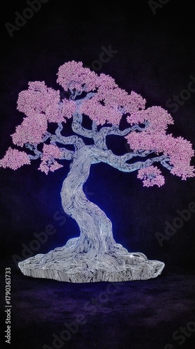 3d tree, with purple and blue glowing neon lights