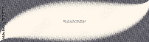Pop art dots halftone pattern smooth twisted frame ultra wide 32:9 aspect ratio retro styled vector abstract background. Wavy shape dotted half tone texture panoramic format graphical abstraction