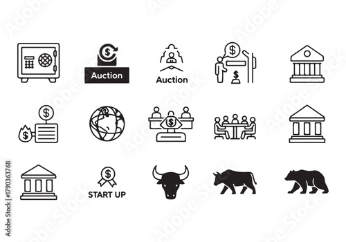 Bank and finance icon set, Business and corporation vector signs, global market, crowd funding, start up, Vector stock thin line design