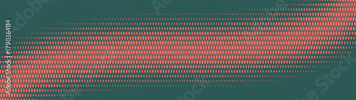 Scaly grid halftone pattern smooth curved border ultra wide 32:9 aspect ratio vector dark green orange abstract background. Half tone ultrawide format retro futuristic style cyberpunk abstraction