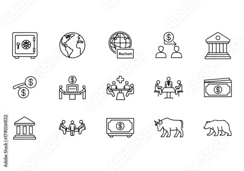 Bank and finance icon set, Business and corporation vector signs, global market, crowd funding, start up, Vector stock thin line design