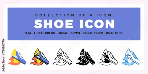 Collection of 6 Shoe Icons. Flat. Lineal. Glyph Styles