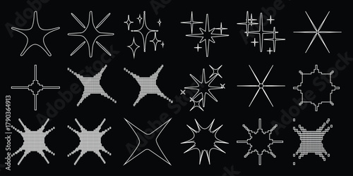 Collection of Abstract Starburst and Sparkle Icons on Black Background