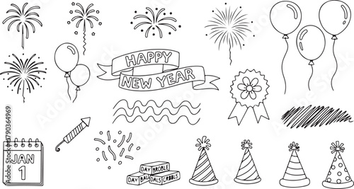 Festive New Year doodle icons for January first celebration with fireworks balloons party hats and calendar marking the holiday occasion in simple black and white illustration
