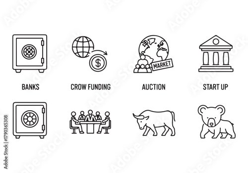 Bank and finance icon set, Business and corporation vector signs, global market, crowd funding, start up, Vector stock thin line design