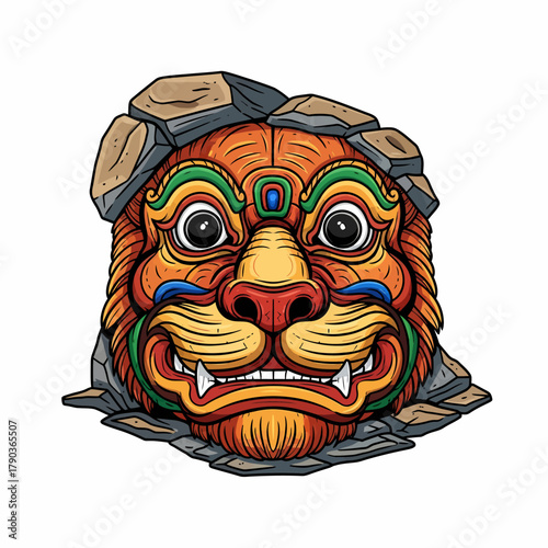 Vibrant traditional lion mask emerges from rough stones creating a dynamic cultural symbol for festivals and mythology