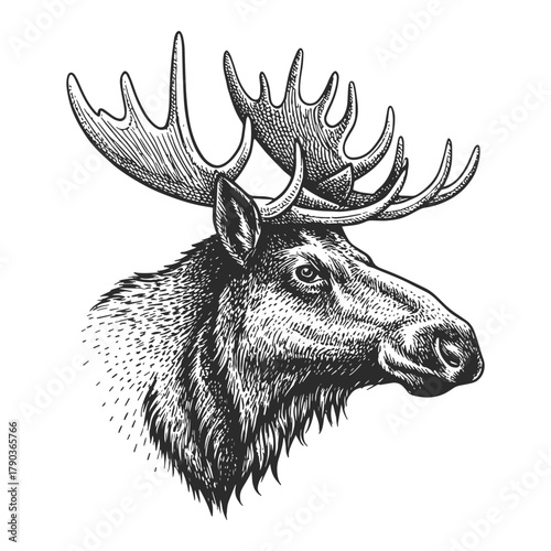 Detailed hand-drawn engraving of a moose head in classic black and white style. A strong wildlife symbol perfect for outdoor branding, masculine packaging, hunting themes.