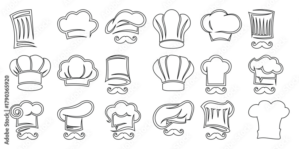 Fototapeta premium Collection of Chef Hats and Mustaches in Outline Style