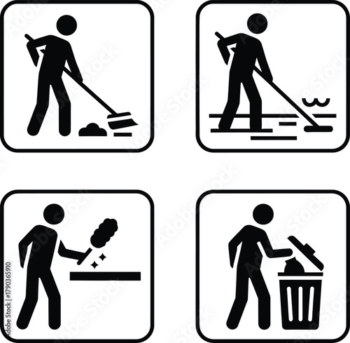Four black and white icons illustrating different cleaning activities such as sweeping, mopping, wiping, and disposing of trash.