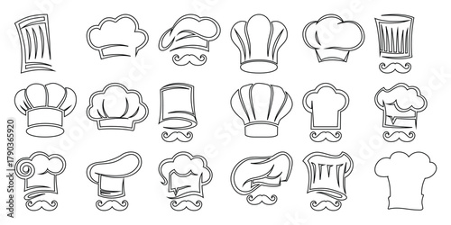 Collection of Chef Hats and Mustaches in Outline Style
