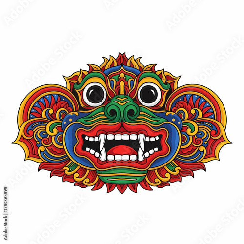 Vibrant, ornate Balinese Barong mask bursts with colorful cultural energy and traditional artistry