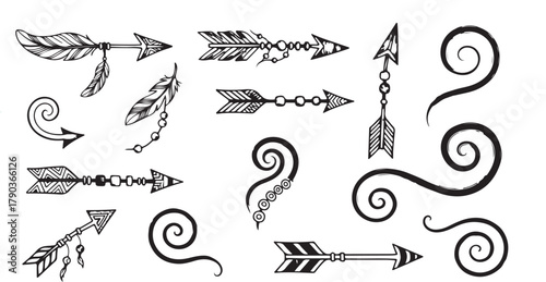 Hand Drawn Arrows and Swirls Graphic Elements for Tribal or Bohemian Design with Feathers and Beads for Decoration and Embellishment Isolated on White Background
