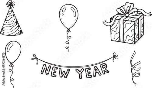 Monochrome New Year Celebration Elements Featuring Party Hat Balloons Gift Box Banner and Streamer Perfect for Holiday Greetings and Festive Designs Ready for Coloring