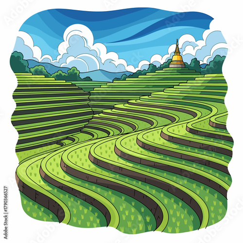 Vibrant emerald rice terraces cascade across rolling hills under a bright blue sky with fluffy clouds, showcasing a golden pagoda atop a distant peak.