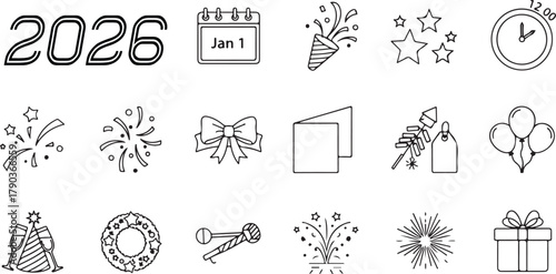 New Year 2026 Icons Set with Calendar Clock Confetti and Gift Boxes for Holiday Celebrations and Events Vector Illustration for Creative Projects
