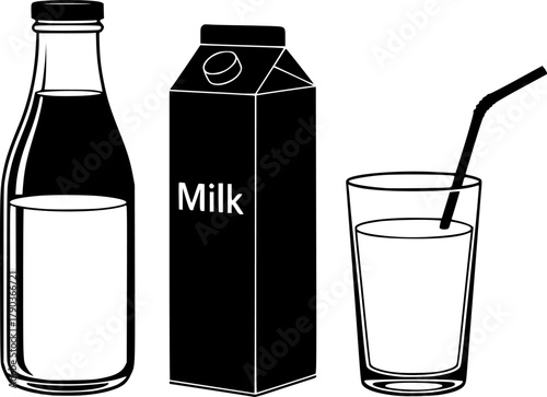 Vector illustration of milk glass bottle, carton packaging, and glass with straw, healthy dairy drink nutrition concept, organic beverage design
