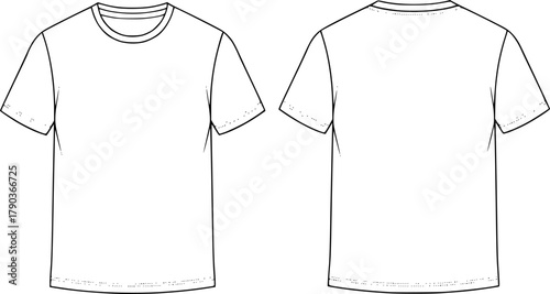 Men’s basic t-shirt technical flat sketch, front and back view, casual fashion clothing design template, cad drawing flat vector illustration