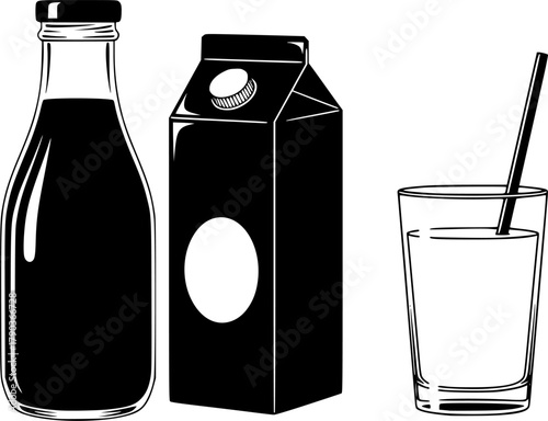Vector illustration of milk glass bottle, carton packaging, and glass with straw, healthy dairy drink nutrition concept, organic beverage design
