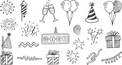 New Years Eve Celebration Doodles with Fireworks Balloons and Gifts for Festive Celebrations and Holiday Events creating a joyful atmosphere for special occasions