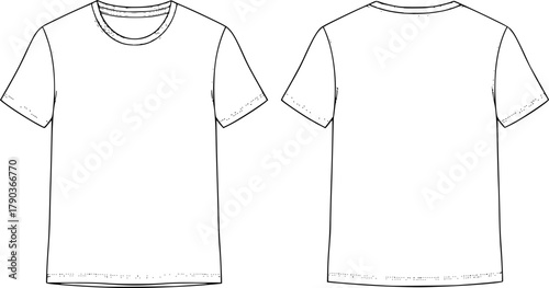 Men’s basic t-shirt technical flat sketch, front and back view, casual fashion clothing design template, cad drawing flat vector illustration