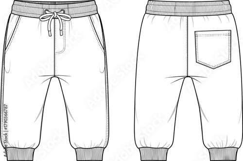 Front and back jogger pants technical sketch, fashion flat, elastic waist, drawstring, ribbed cuffs, patch pocket, garment design template