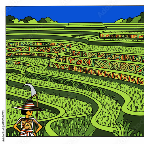 Vibrant rice terraces with a farmer adorned in traditional patterns, showcasing lush greenery and intricate cultural designs under a clear blue sky.