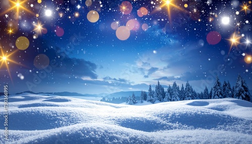 雪が積もった銀世界とモミの木々、夜空に雪の結晶と光の星々。幻想的で美しいクリスマスの冬景色背景
