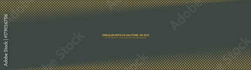 Circular halftone pattern leaning diagonal frame ultra wide 32:9 aspect ratio yellow green vector retro styled conceptual abstract background. Offset half tone graphic retro futuristic technology