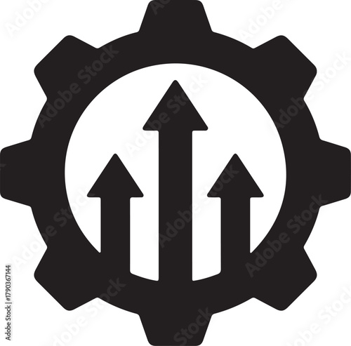 Gear icon with three rising arrows symbolizing progress, improvement, growth, optimization, and enhanced performance levels.