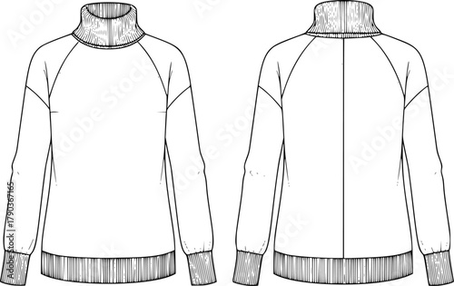 Women's long sleeve turtleneck sweater flat sketch front and back view, winter knitwear fashion design, CAD drawing vector illustration