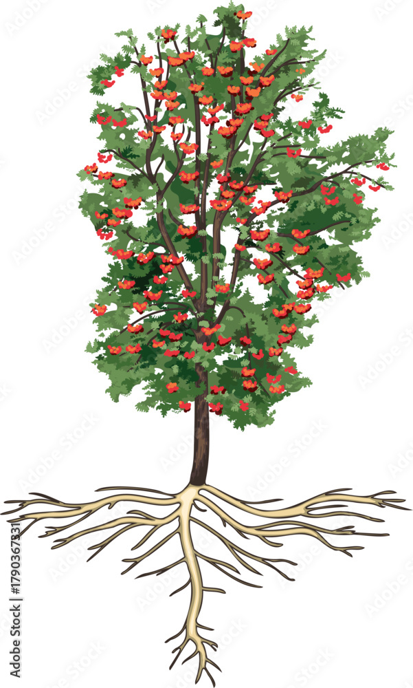 Naklejka premium Large rowan tree (Sorbus aucuparia) with root system and many red berries isolated on white background