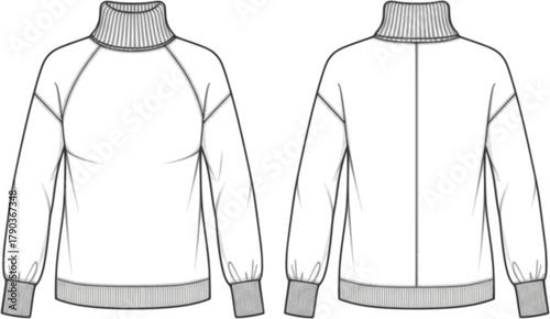 Women's long sleeve turtleneck sweater flat sketch front and back view, winter knitwear fashion design, CAD drawing vector illustration
