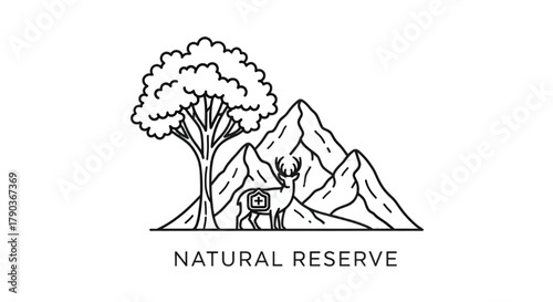 Majestic deer stands in a serene natural reserve with mountains and a tree, symbolizing conservation.