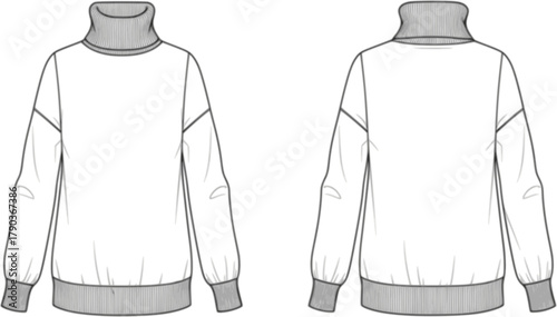 Women's long sleeve turtleneck sweater flat sketch front and back view, winter knitwear fashion design, CAD drawing vector illustration