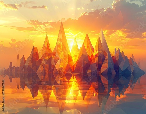 Abstract geometric cityscape of layered triangles and polygons with sunset gradient