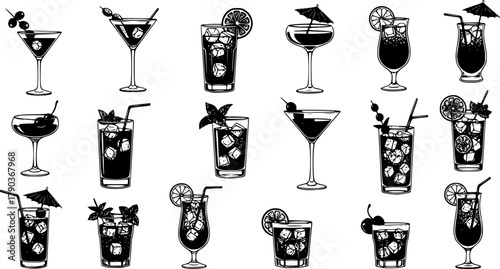 Cocktail drink glass vector set, black and white bar icons, mixology silhouette collection, garnished beverages, stylish alcohol illustration, party design elements 
