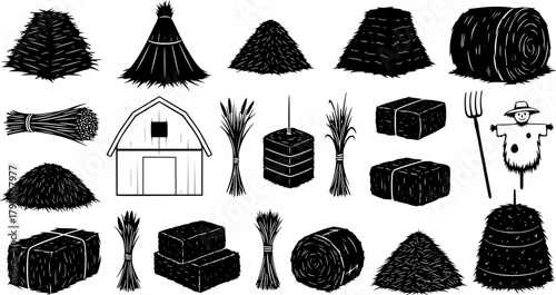 Haystack silhouette collection, straw bundle vector set, rural farm storage illustration, black agricultural shapes, traditional harvest icon, countryside graphic elements