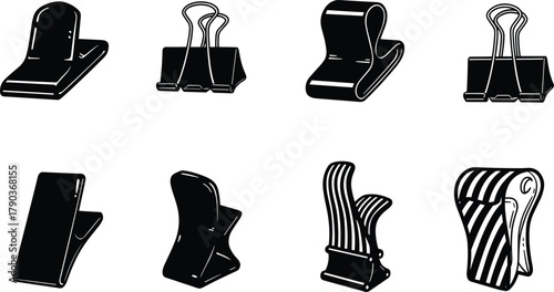 Set of eight metal paper clip and binder clip silhouette vector illustrations, office stationery tools for organizing documents and files
