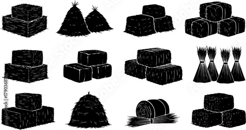 Haystack silhouette collection, straw bundle vector set, rural farm storage illustration, black agricultural shapes, traditional harvest icon, countryside graphic elements
