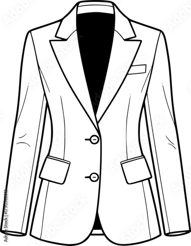 Women fitted blazer jacket flat sketch with notched lapel collar, front buttons, flap pockets, long sleeves, formal fashion vector illustration