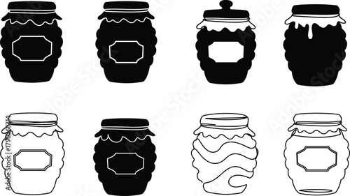 Set of eight black silhouette vector illustrations of honey jars and jam containers on white background, kitchen food storage concept