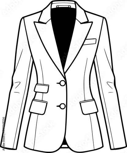 Women fitted blazer jacket flat sketch with notched lapel collar, front buttons, flap pockets, long sleeves, formal fashion vector illustration