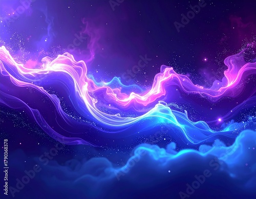 Abstract cosmic wave ribbons with glowing particles over starry night sky