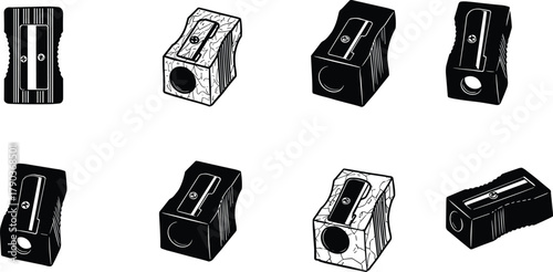 Set of different pencil sharpener silhouette vector illustration, black and white stationery icon design, office school supply tool set