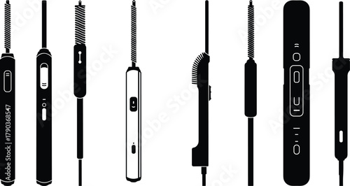 Set of different electric eyelash curler silhouette vector illustration, black and white beauty makeup tool design, cosmetic styling equipment icon
